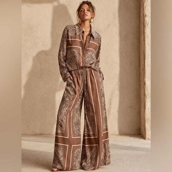 Tops - ST98. Wide-Leg Satin Two piece set in Brown